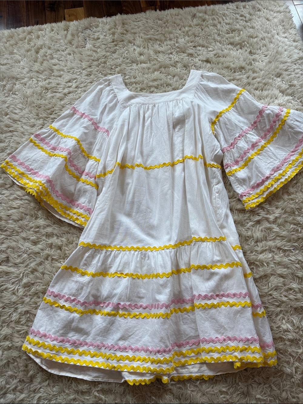 EUC Lisa Marie Fernandez x Target White Ric Rack Dress with Yellow and Pink Trim